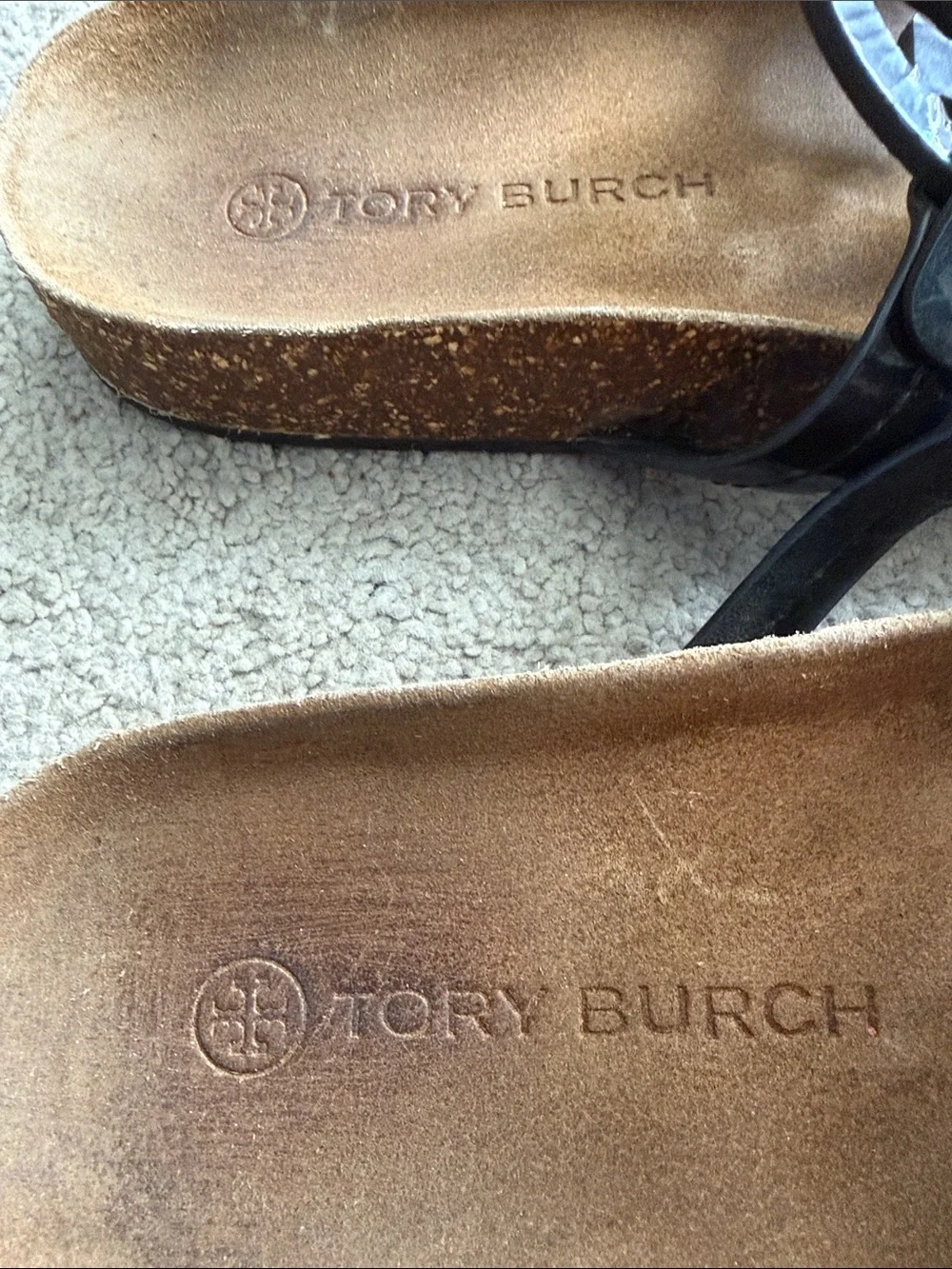 Tory Burch Miller Cloud Black Patent Leather Sz 8 Sandal w/ Brown Cork Footbed